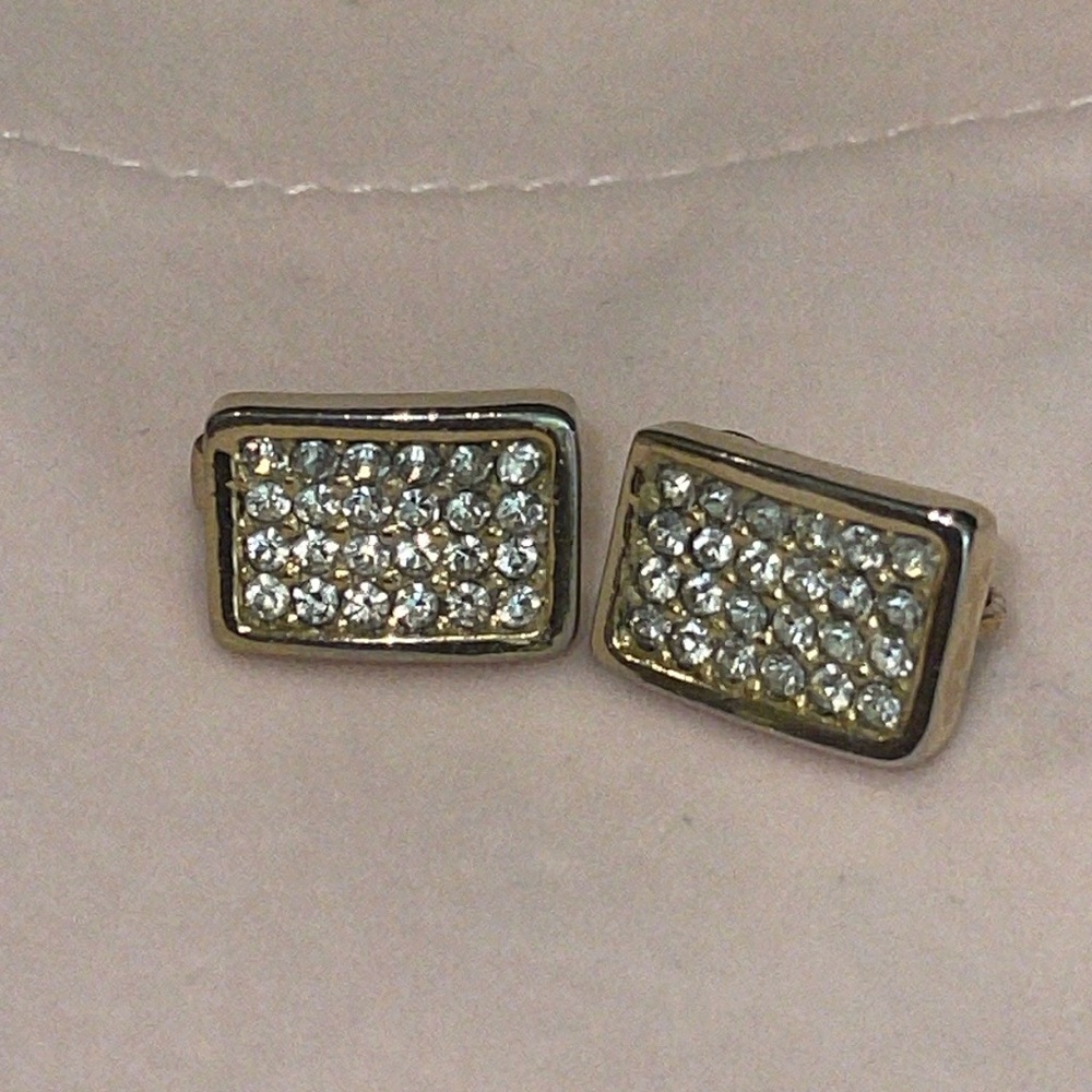 VTG Christian Dior Pave Crystal Gold Tone Clip On Earrings Signed Rectangle Luxe